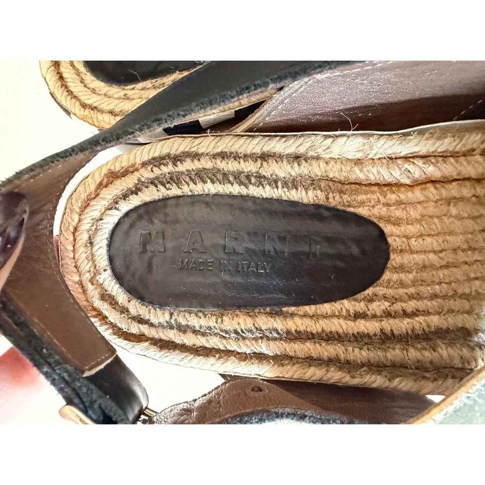 Marni Olive Green Leather Espadrille Platform Slingback Sandals Striped Trim
